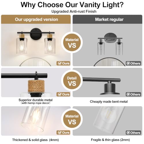 Image of MOKATNG Bathroom Light Fixtures, 2-Light Farmhouse Vanity Lights with Hemp Rope, Black Bathroom Wall Lamp for Mirror Kitchen Hallway Cabinet