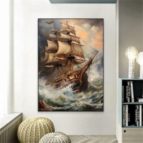 Peinture sur toile bateau rétro et vagues océan avec cadre noir
