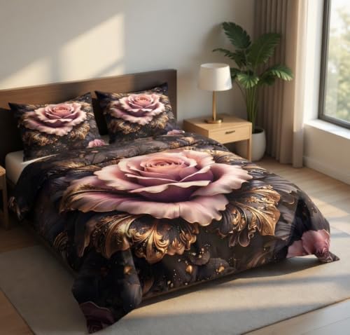 Image of 7D Printed King Size Bedsheet with 2 Pillowcases, Rose, 228 x 228 cm