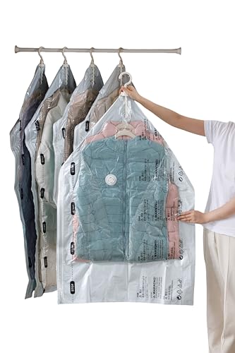 6 Pack Hanging Vacuum Storage Bags – 3 Medium & 3 Large, Space Saver Garment Bags with Hangers, Vacuum or Hand-Press Compression, Durable PE+PA Material, Airtight for Closet Organization