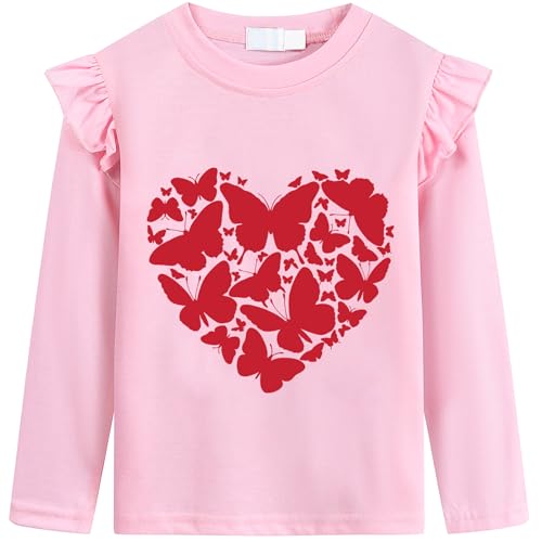 Image of Girls Valentine's T-Shirt Kids Loved Butterfly Tee Toddler Be Mine Heart Tops Love is Magic Ruffle Long Sleeves 2-7T