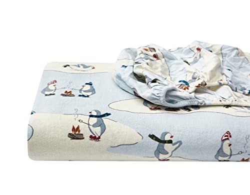 Image of Eddie Bauer - Flannel Sheets Full Size, Anti-Pilling & Wrinkle Resistant Cotton, Bed Sheets with Matching Pillowcases & Fitted Sheet (Skating Penguin Light Blue)