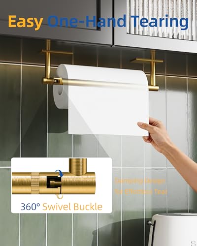 Image of RUACQ Paper Towel Holder Under Cabinet, Wall Mounted or Adhesive Stainless Steel Paper Towel Holder,Square Base Paper Towel Rack for Kitchen, RV, Bathroom (Brushed Gold)