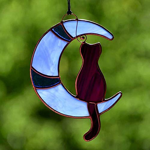 ISAKEN Stained Glass Panels Cat On The Moon, Stained Glass Cat Hanging Ornament - Image 4