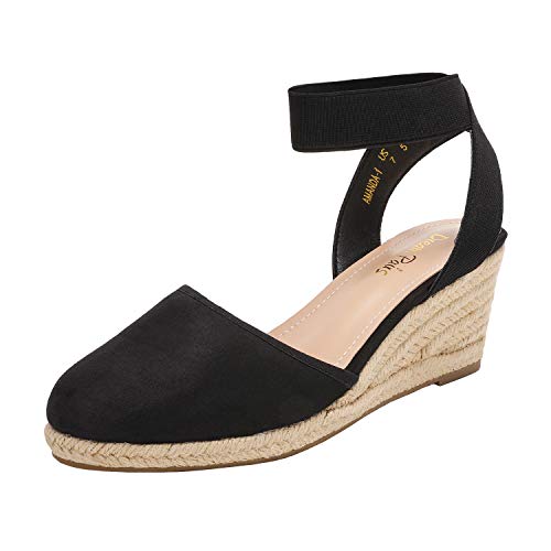 DREAM PAIRS Women's Elastic Ankle Strap Espadrilles Wedge Sandals 5 Black