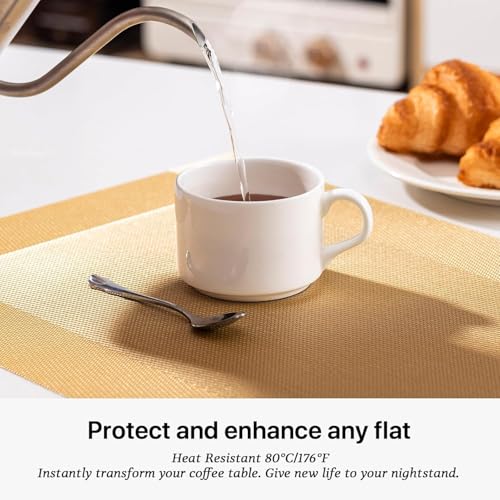 Image of Placemats Set of 6 Dining Table Place Mats | Placemats Table Mat PVC Material | Non-Slip Heat Resistant | Dining Tablemates Washable Anti-Skid | Size 45 x 30cm (Square Gold)