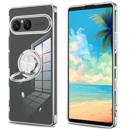 Xperia 10 VII 用の ケース クリア リング付き SO-52F SOG16 耐衝撃 Xperia10vii カバー リング 透明 エクスペリア10VII スリム TPU 薄型 メッキ加工 ソフト スタンド機能付き 360回転 車載ホルダー対応(
