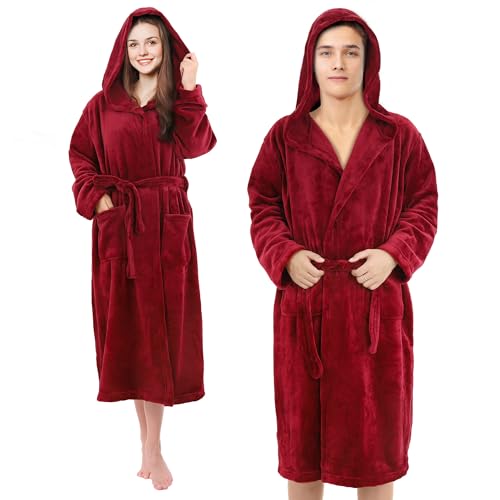Pameil Bademantel für Damen & Herren Flauschig Morgenmantel mit Kapuze Coral Fleece aufgesetzten Taschen Saugstark und Schnell Trocknend DE