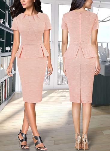 Image of VFSHOW Womens Pleated Crew Neck Peplum Work Business Office Church Bodycon Pencil Sheath Dress