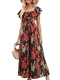 Gardenwed Women's Floral Wide Leg Jumpsuit, Ruffle Short Sleeve Square Neck Summer Casual Palazzo Romper with Pockets Black Floral Large