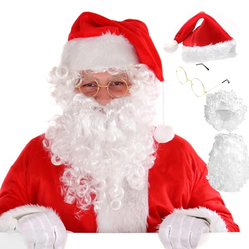 JAADU Peluca y barba de papá noel, con Peluca+Barba+Gorro+Gafas, Adecuado para disfrazarse de Papá Noel, fiesta de Navidad, juegos de rol navideños