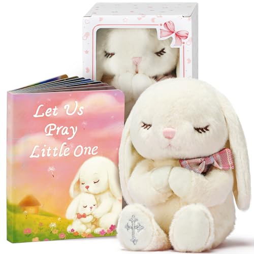 MyMateZoe Baptism Gifts for Girl Great Christening Dedication and Baptism Gift Set for Girl and Newborn Baby Includes 7 Praying Bunny Plush Toy and Let Us Pray Baby Book in Keepsake Gift Box