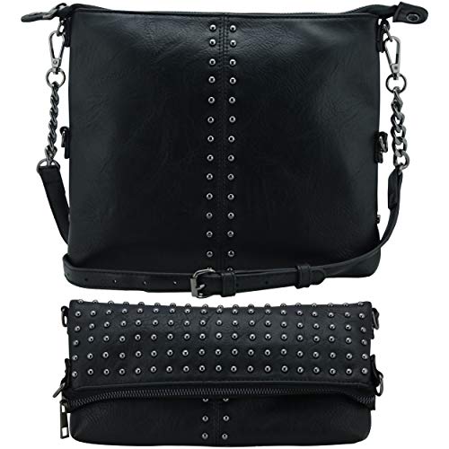 K&Bo Stevie Women’s Studded Chain Crossbody Handbag Purse, Rocker Chic Boho Medium, Converts to Clutch Bag, Lightweight