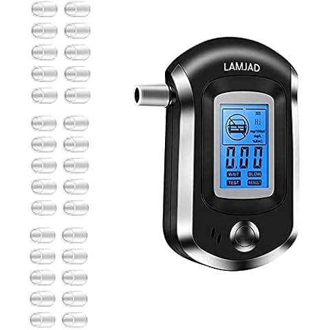 LAMJAD Alcohol Tester, Police Accuracy with LCD Screen and 31 Replacement Mouthpiece, Professional Semiconductor Sensor Cover