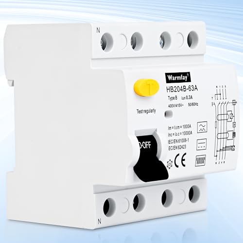 Warmfay FI Schutzschalter 63A 300mA 4 Polig, Fehlerstromschutzschalter Typ B Allstromintensiv Schalter Automat Sicherung, FI Schalter für Wallboxen Ladestationen