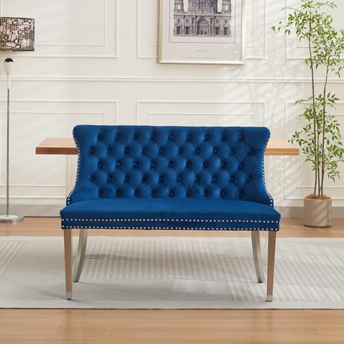 Image of 45.6''Velvet Dining Bench, Button Tufted Upholstered Dining Table Bench with Wing Highback, Nailhead Decoration, Small Loveseat Sofa with Silver Stainless Steel Legs, Mid Century Modern Seating, Blue