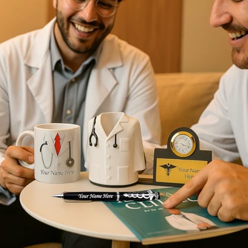 Image of ncgifts Personalized Doctors Desk Gift Set | Customized Doctor Pen, Fiber Pen Stand with Watch & Ceramic Coffee Mug | Unique Doctor Gifts for Clinic, Office & Personal Use
