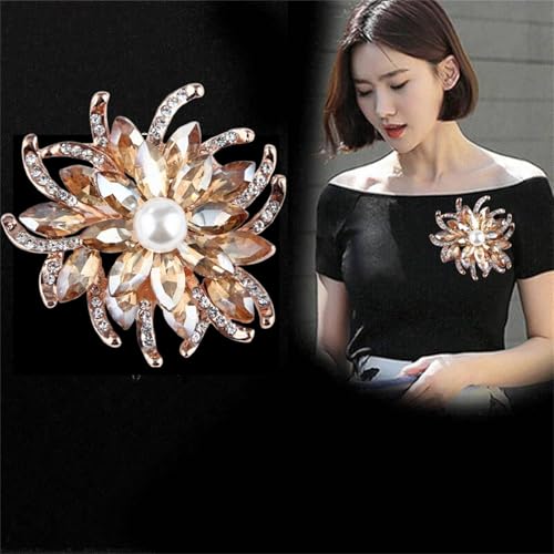 Image of Vintage Crystal Flower Brooch Fashion Crystal Large Flower Brooch Rhinestone Multicolor Collar Pin Shiny Zircon Corsage Sweater Pin Holiday Party Fashion Dress Jewelry for Women (Yellow)
