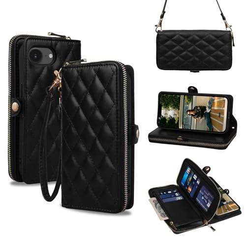 Rssviss Crossbody Case for iPhone 16e 2025 Case Wallet, RFID Blocking Leather Case with Card Holder Kickstand, Handbag Zipper Flip Cover with Wrist Strap for iPhone 16e Men Women 6.1