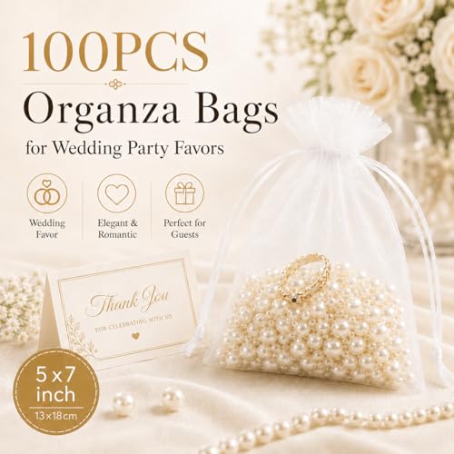 Image of ANZNKU 100PCS Premium White Organza Bags 5x7 inches Mesh Bags Drawstring, Small Gift Pouches for Christmas Easter Wedding Makeup Party Favor, Treat Sachet Pouch for Baby Shower Graduation