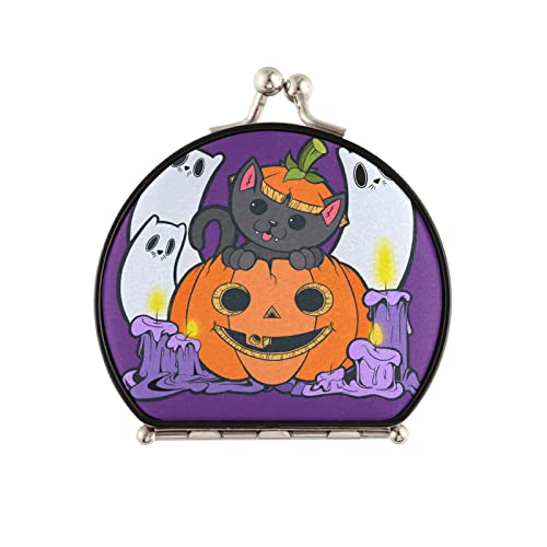 Vnurnrn Fantasma De Gato De Halloween Púrpura Espejo de Maquillaje Compacto Pequeño para Viajes,Portátil Espejo de Bolsillo para Bolso de Mano