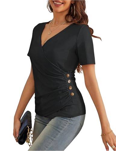 VOIANLIMO Women's Summer Tops Short Sleeve Slim Fitted Deep V Neck Cross Wrap Tunic T-Shirt Side ruched Shirring Tees4