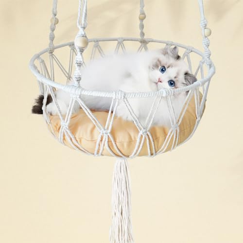MUYG Macrame Cat Hammock Bed,Handwoven Hanging Boho Cat Bed with Hanging Kit for Indoor Outdoor Home Decor Ceiling Catio Swing for Playing Sleeping Climbing and Lounging(15.74x15.74x47.24IN)(L)