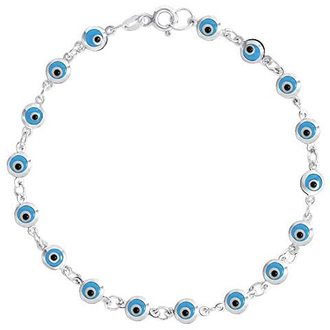 D Jewelry Aqua Blue Small Evil Eye Beads on 925 Sterling Silver Bracelet 7.5" Cover