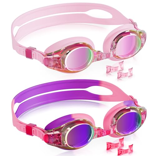 Aegend 2 Pack Kids Goggles, Swimming Goggles for Kids Age 4-16 Boys and Girls Youth, Anti-Fog Pool Goggles, Bright Lavenderish & Crisp Pink