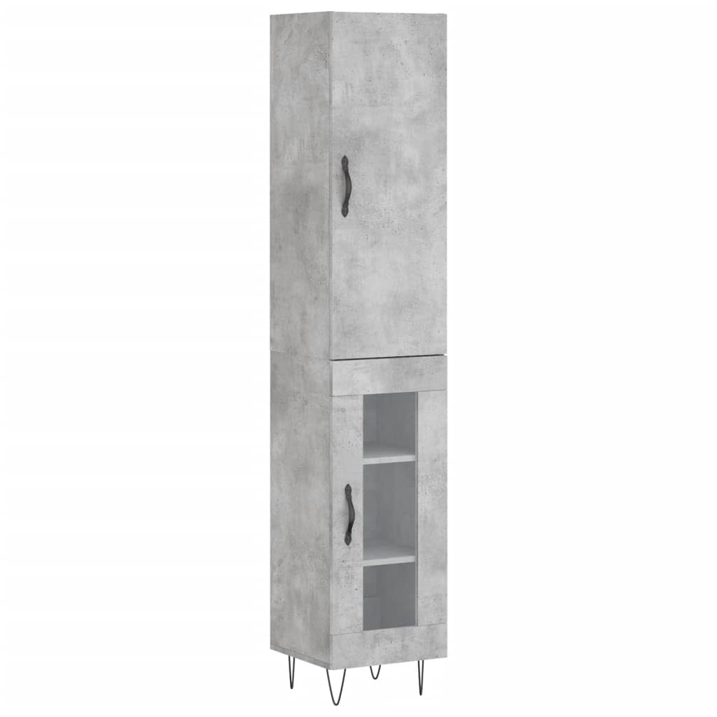 Générique Bufet wysoki szary beton 34,5x34x180 cm, szafka do przechowywania drewna inżynieryjnego z drzwiami, wąska szafka z metalowymi nogami do salonu
