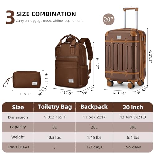Image of LARVENDER Luggage Sets 3 Piece Expandable Carry on Luggage 22x14x9 Airline Approved Hardshell Suitcase with Wheels TSA Lock, Lightweight Suitcase Set for Women with Travel Backpack, Maple