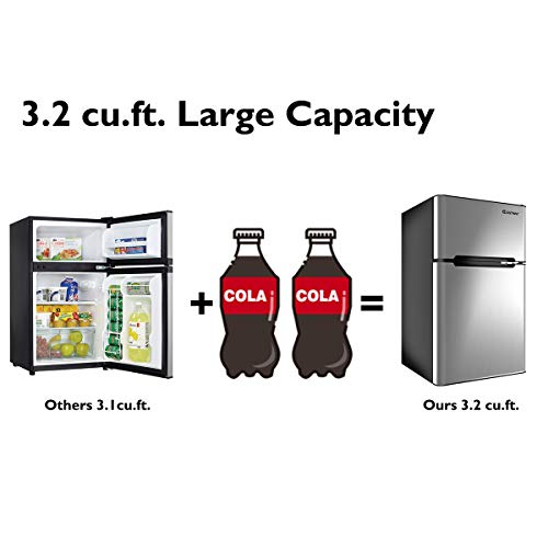 COSTWAY Compact Refrigerator, 3.2 cu ft. Unit 2-Door Mini Freezer Cooler Fridge with Reversible Door, Removable Glass Shelves, Mechanical Control, Recessed Handle for Dorm, Office, Apartment (Grey)