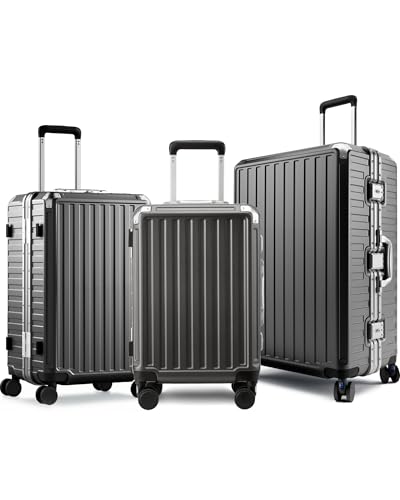 Image of LUGGEX Luggage Sets with Spinner Wheels, 8010S Aluminum Frame Zipperless Polycarbonate Hard Shell Suitcase Sets (ZX-Core, Charcoal Metallic, 3 Piece (20 /24 /28))