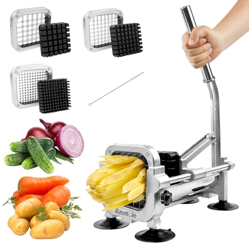 Anatole Coupe-Frites Professionnel avec 13mm 9mm 6mm Lames en Acier Inoxydable Coupe Pomme de Terre pour Frite Manuel avec 4 Ventouses pour Carotte Concombre...