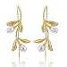 Produktbild Lotus Fun S925 Sterling Silber Ohrringe Wassertropfen aus den Olivenblättern Tropfen Ohrringe für Frauen und Mädchen, Kreativ Natürlicher Perle Handgemachter Einzigartiger Schmuck (Gold White Pearl)
