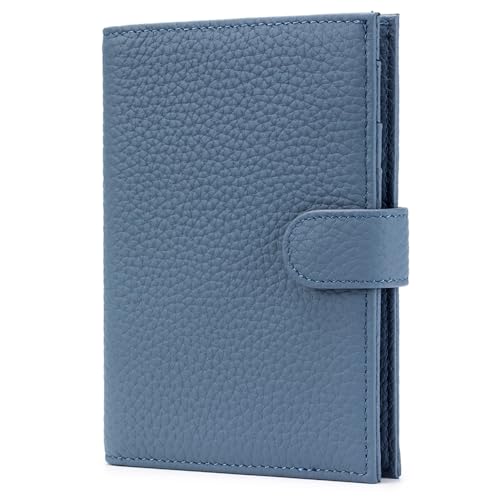 Leather Passport Holder for Travel Women – RFID Blocking Travel Passport Wallet with 1 Passport Slot & 3 Card Slots, Coin Pocket, & SIM Slot – Slim Genuine Leather Travel Organizer Denim Blue