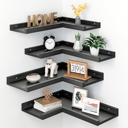 Image of Eostbe 4-Tier Black Corner Floating Shelves Wall Mounted - Floating Shelves with Lip, Solid Pine Wooden Corner Wall Shelf for Wall Déco,L Shaped Shelf for Living Room, Bedroom, Bathroom, Home Storage.