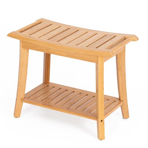 Bamboo Shower Bench Inside Shower Stool with Storage Shelf, Spa Bath Chair for Bathroom, Seat or Organizer for Living Room, Bedroom and Garden - Great for All Ages Unisex Elderly (Waterproof, Natural) -  Unibambou, SB-11