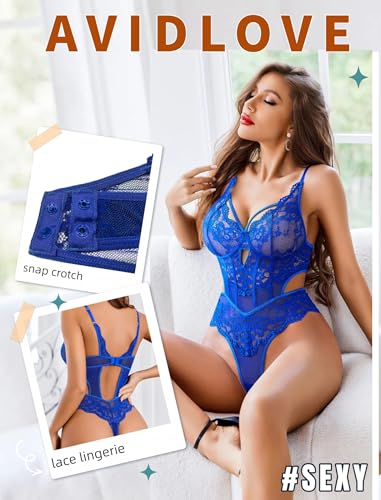 Image of Avidlove Sexy Lingerie for Women Lace Bodysuit Cut Out Snap Crotch Teddy | Seductive floral lace teddy, adjustable straps, scalloped edge, side cutouts, romantic date night wear