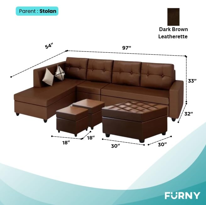Image of FURNY Nathan 8 Seater Leatherette LHS L Shape Sofa Set with 1 Centre Table & 2 Puffy (Brown) Premium Finish | Durable Comfort | Ideal for Living Room