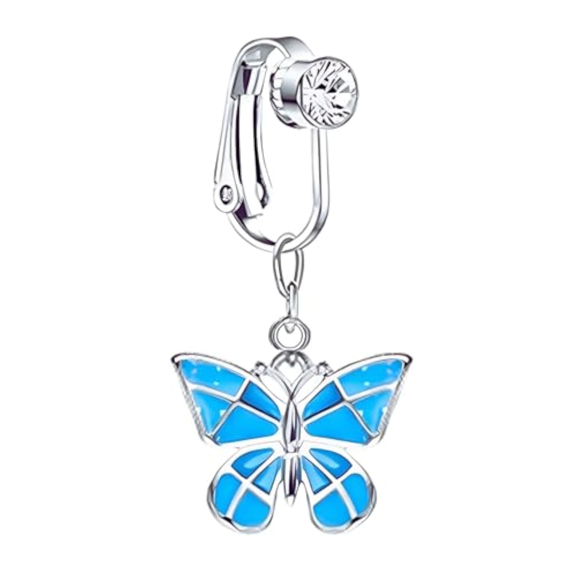 Women's Clip-On 'Blue Breeze Glitter Wings' Butterfly Navel Ring