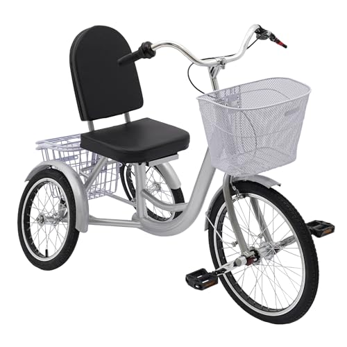 Triciclo para personas mayores con 2 cestas Tricycle para adultos de 1,5 a 1,85 m, con asiento ajustable y frenos grandes, cómodo para el uso diario (plata)