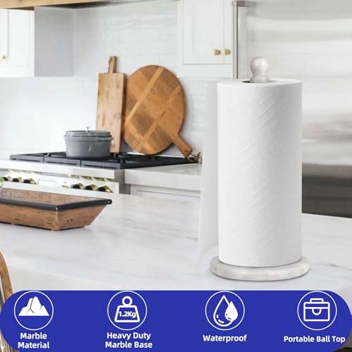 Natural Marble Paper Towel Holder for Kitchen Countertop - 2.6 lbs (1.2kg) Heavy Duty Weighted Base for One-Handed Tearing - Fits Jumbo Rolls - Elegant Modern Design with Ball Top - White & Grey by QiYueZaiYe - Used condition - Image 8