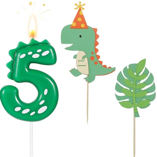 Velas Cumpleaños 5 Años Dinosaurio, Vela Número 5 con 2 Piezas Cake Topper Dinosaurios, Decoración Tarta Cumpleaños Original para Niños Niñas y Adultos, Suministros para Celebración de Cumpleaños