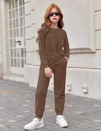 Image of Arshiner Girls 2 Piece Outfits Fashion Twist Front Tracksuit Long Sleeve Pullover Sweatshirt Sweatpants Jogger set Sweatsuit