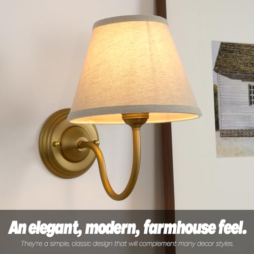 Image of Vintage Curved Arm Fabric Wall Sconce with Linen Cloth Shade, Hardwired Indoor Single Sconce Light Wall Mounted Lamp for Bedroom Living Room Stairs Hallway
