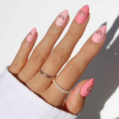 Valentines Day Glamnetic Press On Nails - Matte in Love | Short Almond Fake Nails in Mixed Pink Tones, Metallic Gold Heart in Matte Finish | 15 Sizes - 30 Nail Kit with Glue