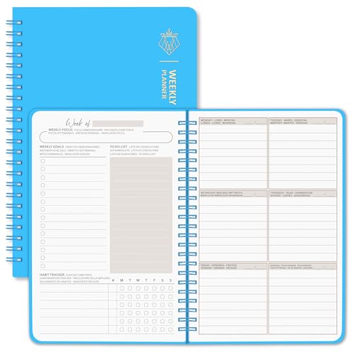 BIROYAL Agenda semanal sin fecha, A5 planificador semana vista, planner semanal con lista de tareas, gran espacio para notas, organizador diario espiral 52 hojas, weekly planner con tapa dura