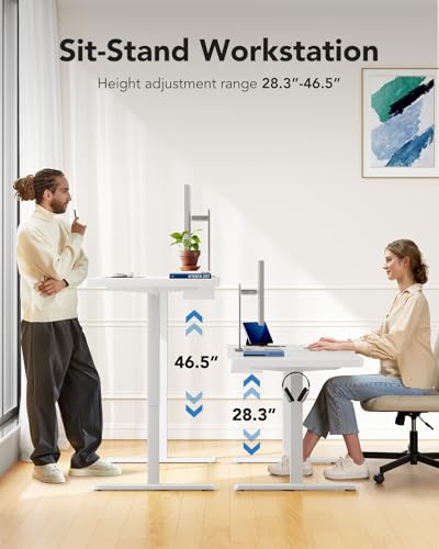 Image of HUANUO 60 x 30 inch Large Standing Desk, Powerful Brushless Motor Large Height Adjustable Table, 4 Memory Preset Stand Up Work Station Sit Stand Desk, Home Office with Thick T-Shaped Frame,White
