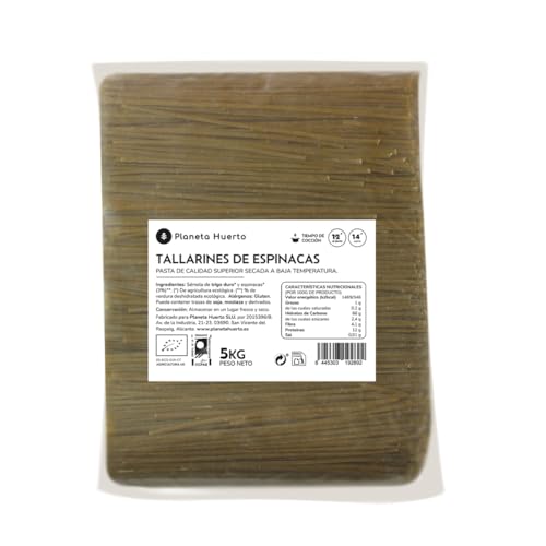 PLANETA HUERTO | Tallarines de Espinacas Ecológicos 5 Kg, Pasta Verde BIO - Tallarines con Sémola de Trigo Duro y Espinaca Deshidratada, Ideal para Cocina Saludable